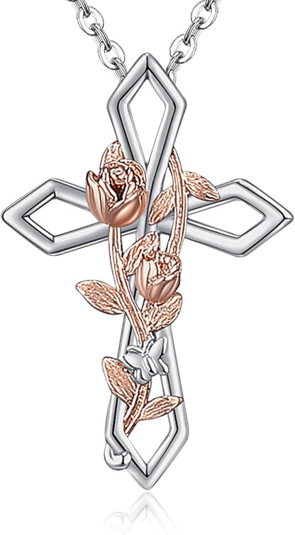 Cross Necklace for Women 925 Sterling Silver Rose/Sunflower/Lily/Daisy/Heart/Dove Cross Infinity Necklace Dainty Sunshine Love Pendant Necklaces for Your Lover 19 to 20 Inches Flexible Fit Necklace - WORLD TIME VISITS