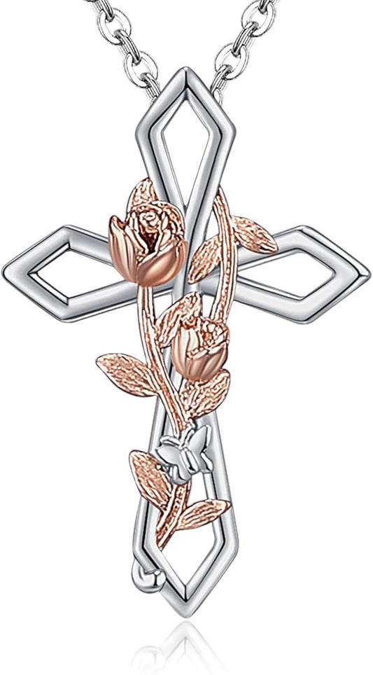 Cross Necklace for Women 925 Sterling Silver Rose/Sunflower/Lily/Daisy/Heart/Dove Cross Infinity Necklace Dainty Sunshine Love Pendant Necklaces for Your Lover 19 to 20 Inches Flexible Fit Necklace - WORLD TIME VISITS