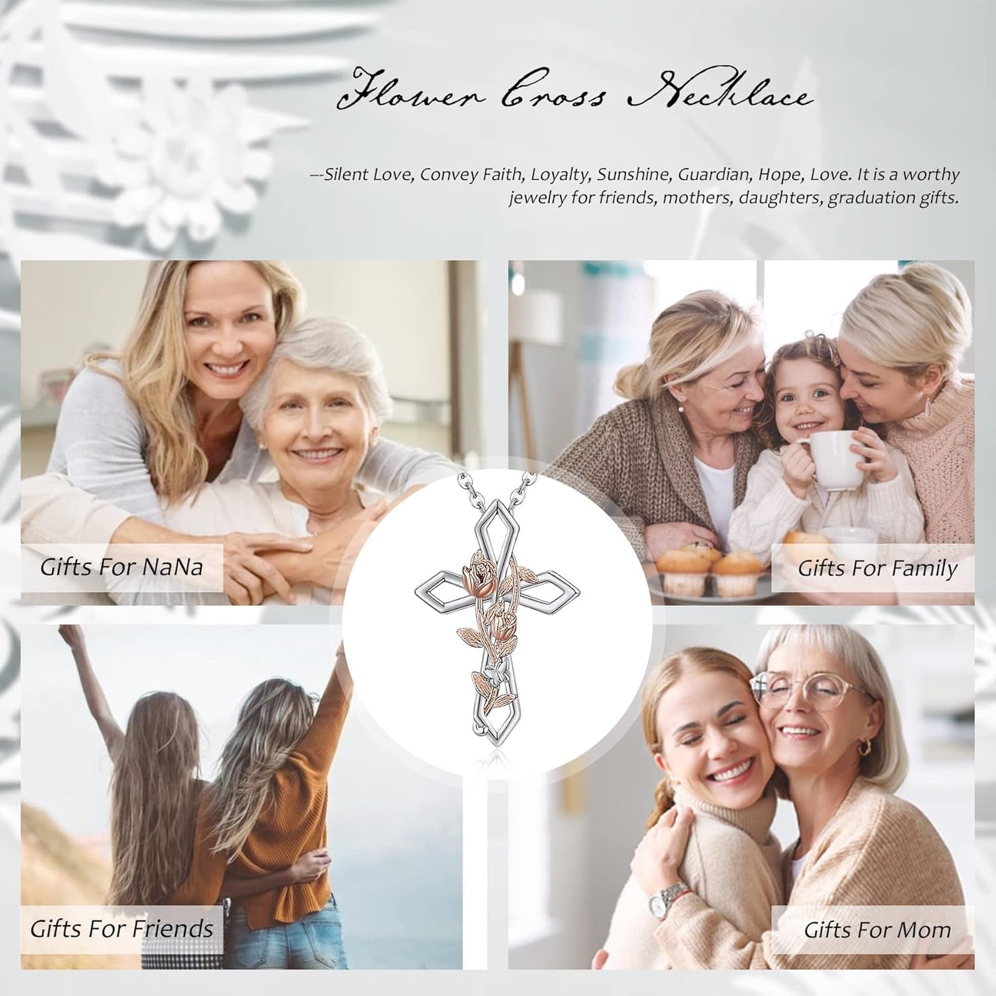 Cross Necklace for Women 925 Sterling Silver Rose/Sunflower/Lily/Daisy/Heart/Dove Cross Infinity Necklace Dainty Sunshine Love Pendant Necklaces for Your Lover 19 to 20 Inches Flexible Fit Necklace