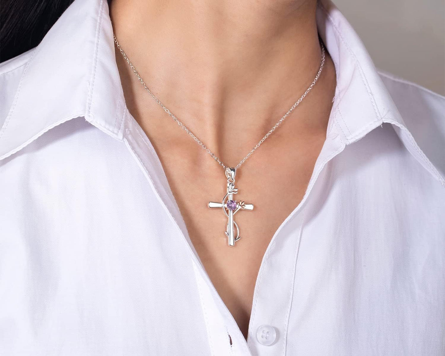 Cross Necklace for Women, Birthstone Pendant Flower Heart/Love Shape Created Gemstone, Birthday Anniversary Mothers Valentine'S Day Gifts for Her, 18 to 20 Inch