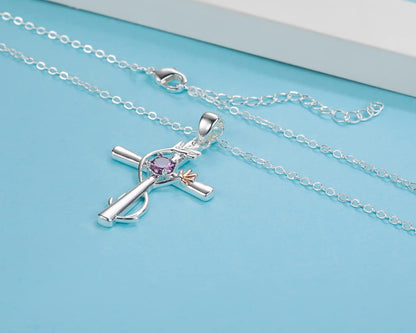 Cross Necklace for Women, Birthstone Pendant Flower Heart/Love Shape Created Gemstone, Birthday Anniversary Mothers Valentine'S Day Gifts for Her, 18 to 20 Inch - WORLD TIME VISITS