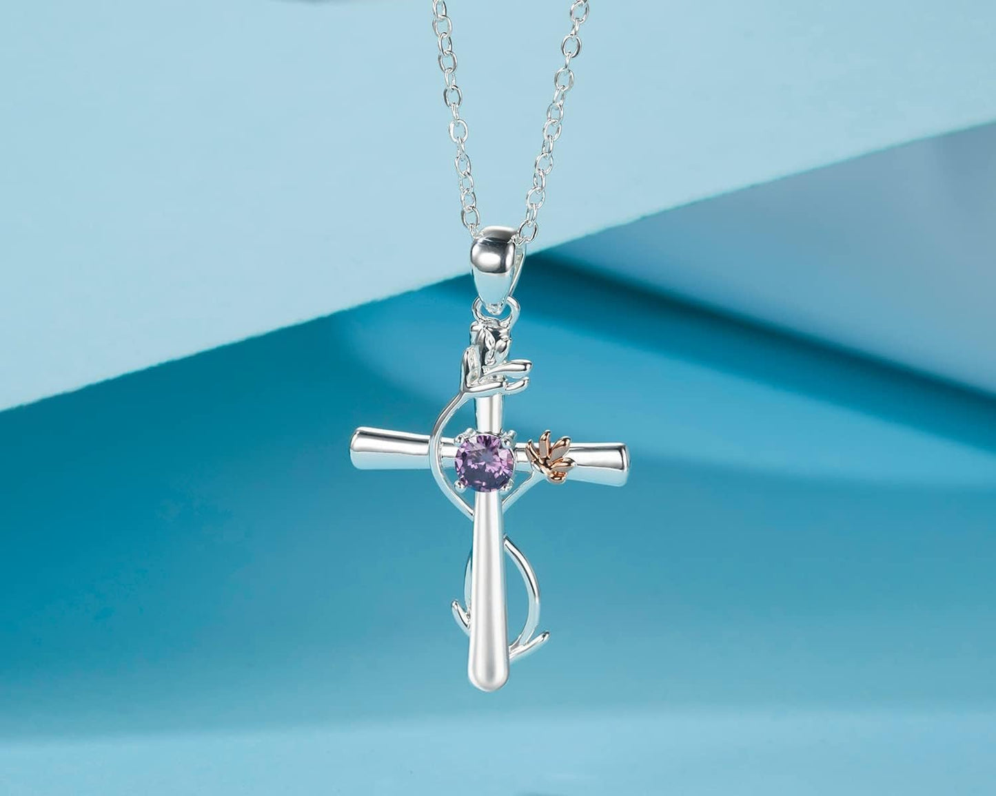 Cross Necklace for Women, Birthstone Pendant Flower Heart/Love Shape Created Gemstone, Birthday Anniversary Mothers Valentine'S Day Gifts for Her, 18 to 20 Inch