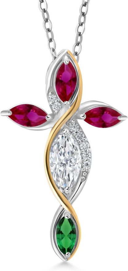 Cross Necklace for Women in 925 Silver and 10K Yellow Gold with Moissanite and Created Ruby and Nano Emerald | 1.62 Cttw | Jesus Christian Religious Crucifix | Marquise 8X4MM | with 18 Inch Chain - WORLD TIME VISITS
