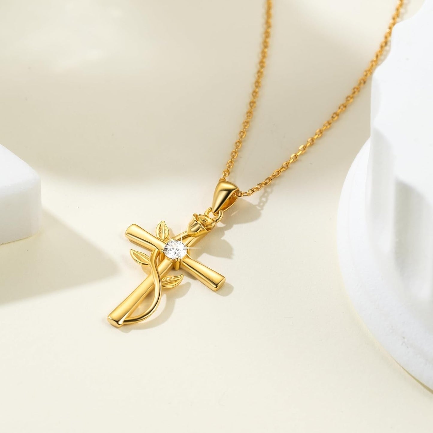 Cross Necklace for Women Sterling Silver Cross Necklaces Pendant White/Rose/Gold Plated Cubic Zirconia Flower Necklace Gifts for Women - WORLD TIME VISITS
