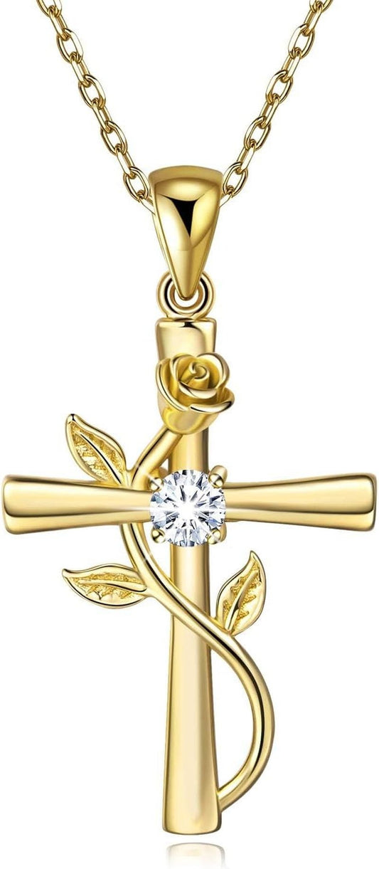 Cross Necklace for Women Sterling Silver Cross Necklaces Pendant White/Rose/Gold Plated Cubic Zirconia Flower Necklace Gifts for Women - WORLD TIME VISITS