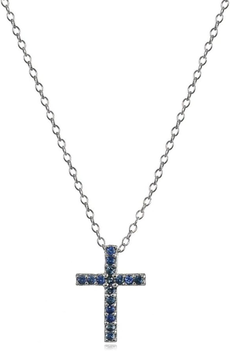 Cross Necklace for Women, Sterling Silver Genuine Blue Sapphire Gemstones Small Dainty Cross Pendant Neckace - WORLD TIME VISITS