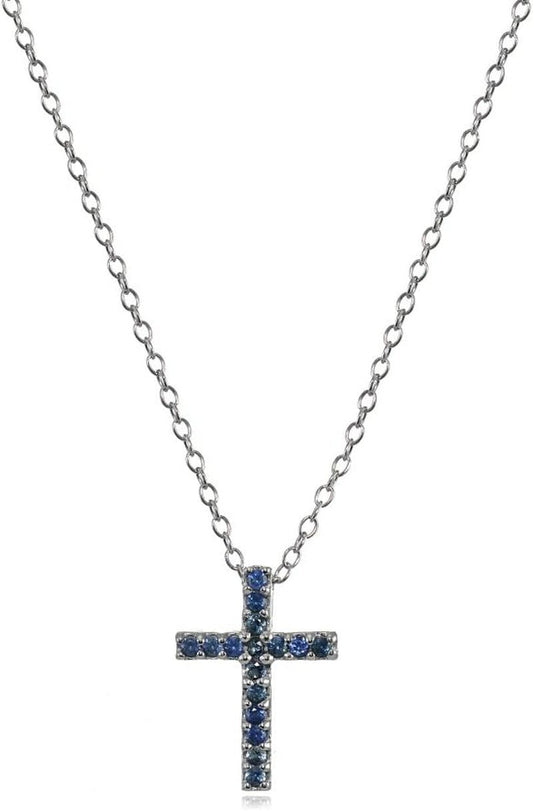 Cross Necklace for Women, Sterling Silver Genuine Blue Sapphire Gemstones Small Dainty Cross Pendant Neckace - WORLD TIME VISITS