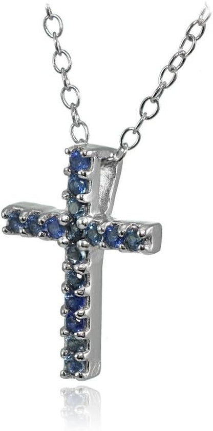 Cross Necklace for Women, Sterling Silver Genuine Blue Sapphire Gemstones Small Dainty Cross Pendant Neckace