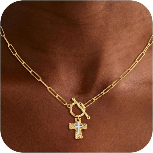 Cross Necklace for Women Trendy - 14K Gold Plated Chunky Gold Silver Cross Pendant Necklace Waterproof Non Tarnish Jewelry Christian Gift for Women - WORLD TIME VISITS