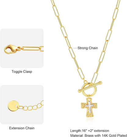 Cross Necklace for Women Trendy -14K Gold Plated Chunky Gold Silver Cross Pendant Necklace Waterproof Non Tarnish Jewelry Christian Gift for Women