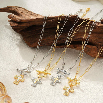 Cross Necklace for Women Trendy -14K Gold Plated Chunky Gold Silver Cross Pendant Necklace Waterproof Non Tarnish Jewelry Christian Gift for Women