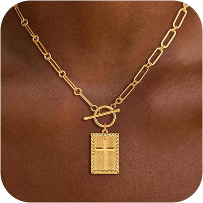Cross Necklace for Women Trendy, 18K Gold Plated Cross Pendant Charm Necklace Dainty Paperclip Chain Religious Jewelry Gifts for Christian Faith, Baptism, First Communion - WORLD TIME VISITS