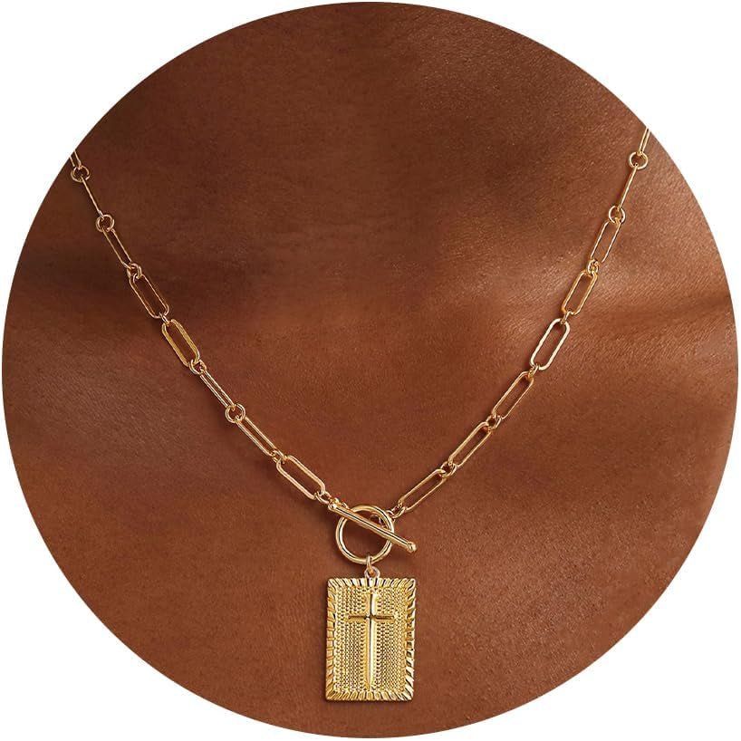Cross Necklace for Women Trendy Chunky 14K Gold Plated/Silver Plated Cross Pendant Necklace Toggle Clasp Paperclip Chain Dainty Charm Necklace Fashion Religious Simple Jewelry Christian Gifts for Women - WORLD TIME VISITS