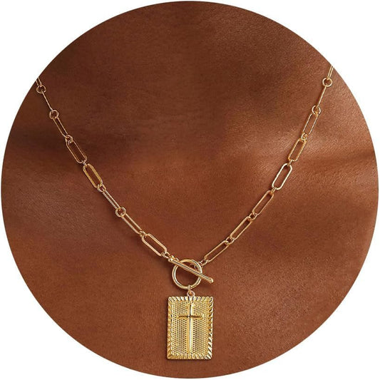 Cross Necklace for Women Trendy Chunky 14K Gold Plated/Silver Plated Cross Pendant Necklace Toggle Clasp Paperclip Chain Dainty Charm Necklace Fashion Religious Simple Jewelry Christian Gifts for Women - WORLD TIME VISITS