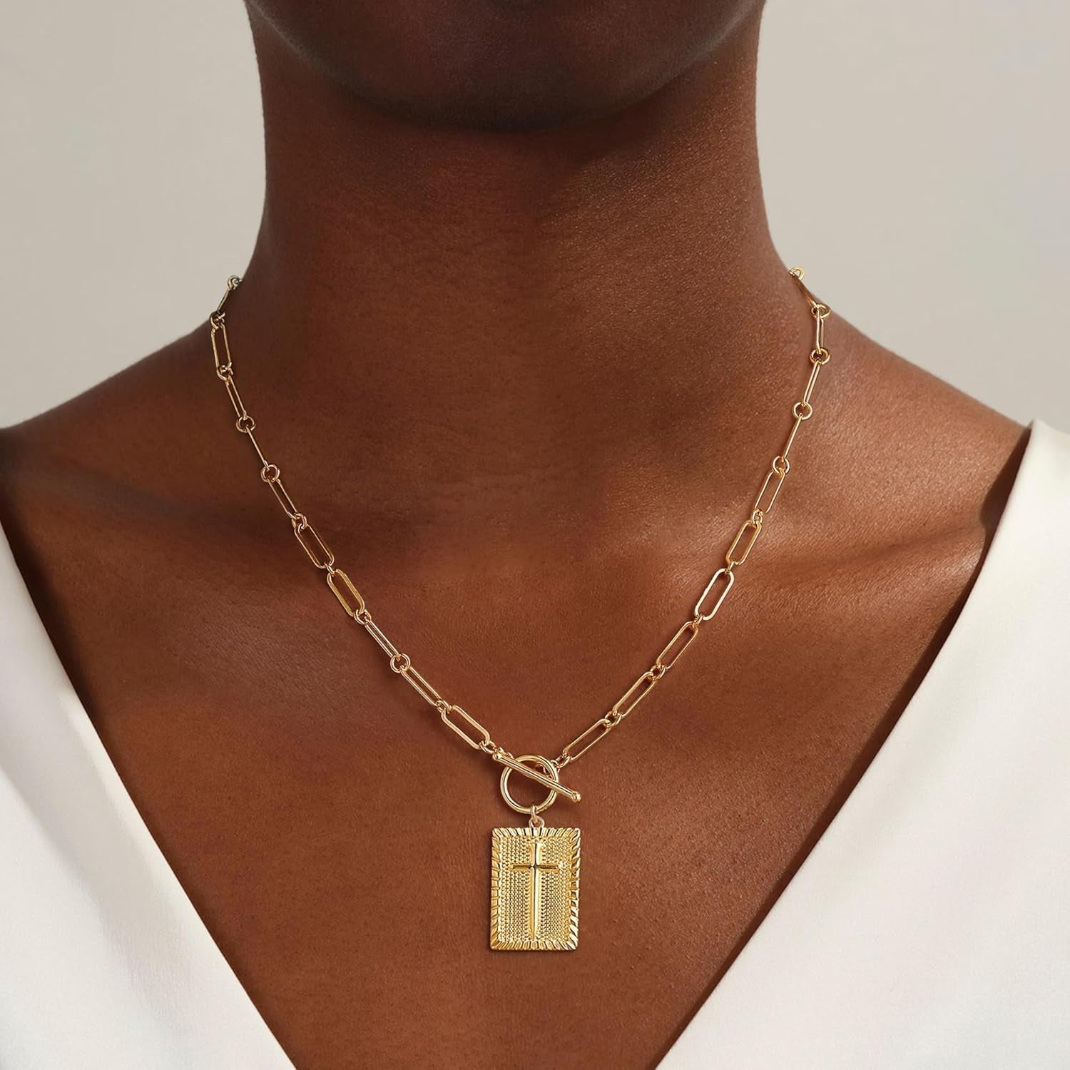 Cross Necklace for Women Trendy Chunky 14K Gold Plated/Silver Plated Cross Pendant Necklace Toggle Clasp Paperclip Chain Dainty Charm Necklace Fashion Religious Simple Jewelry Christian Gifts for Women - WORLD TIME VISITS