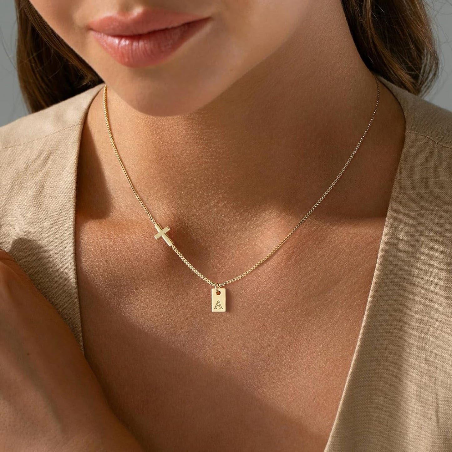 Cross Necklace for Women with Initial, 14K Gold Plated Dainty Cross Pendant Choker Initial Gold Necklace for Women Jewelry Gift