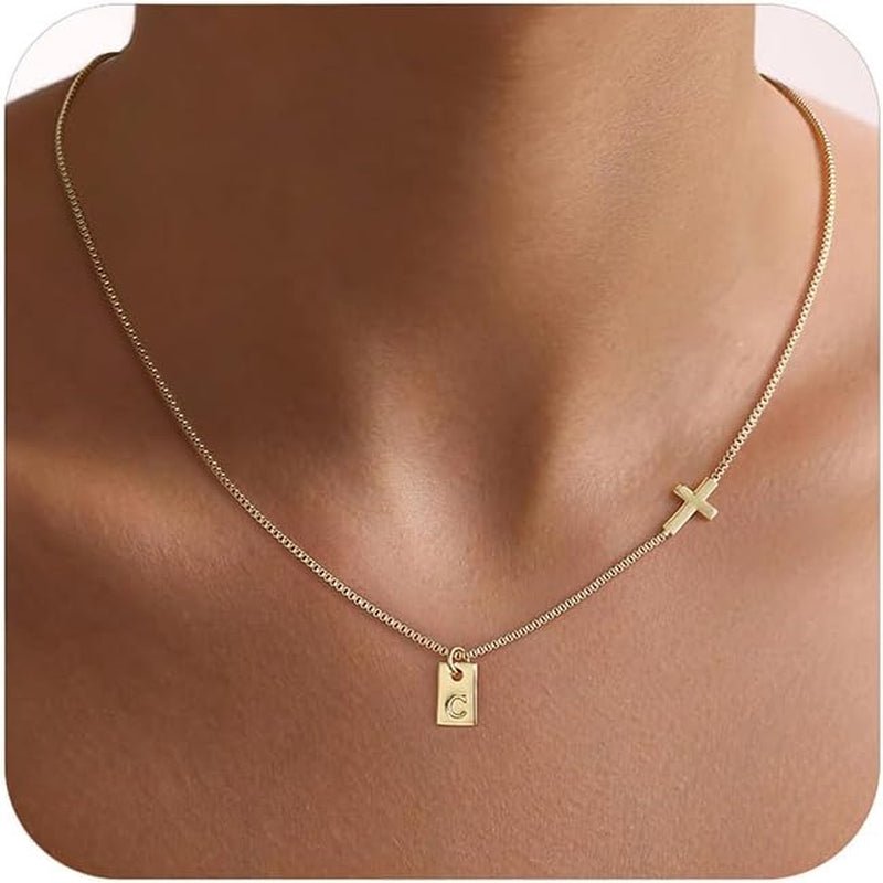 Cross Necklace for Women with Initial, 14K Gold Plated Dainty Cross Pendant Choker Initial Gold Necklace for Women Jewelry Gift - WORLD TIME VISITS