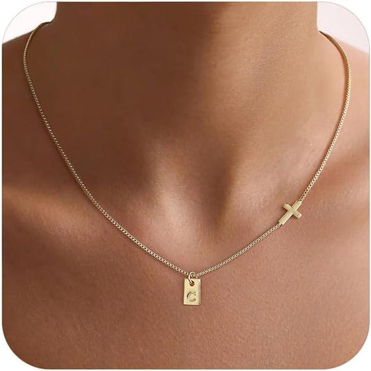 Cross Necklace for Women with Initial, 14K Gold Plated Dainty Cross Pendant Choker Initial Gold Necklace for Women Jewelry Gift - WORLD TIME VISITS