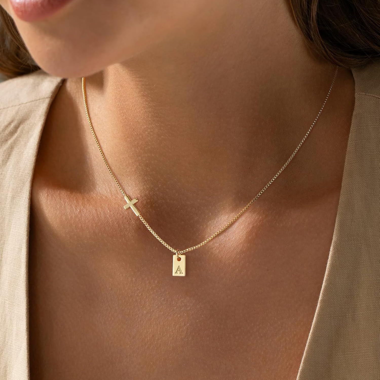 Cross Necklace for Women with Initial, 14K Gold Plated Dainty Cross Pendant Choker Initial Gold Necklace for Women Jewelry Gift - WORLD TIME VISITS
