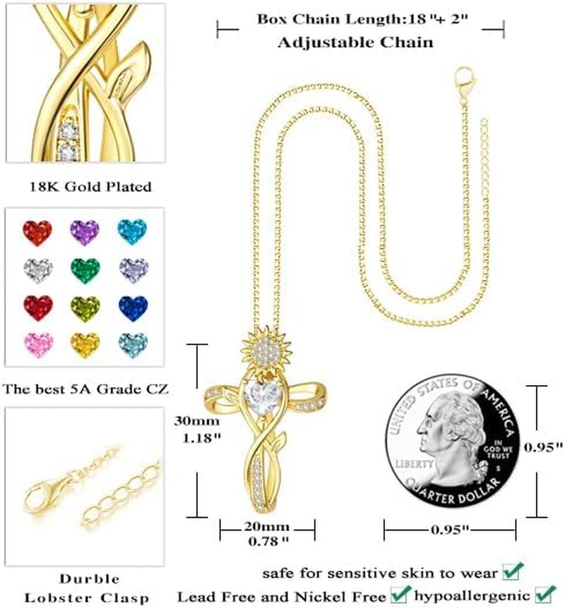 Cross Necklace for Women,18K Gold/ White Gold Plated Sunflower Cross Pendant Diamond Necklaces Christian Everyday Faith Cross Jewelry First Communion Gifts, 12-Color Birthstone Necklace for Women