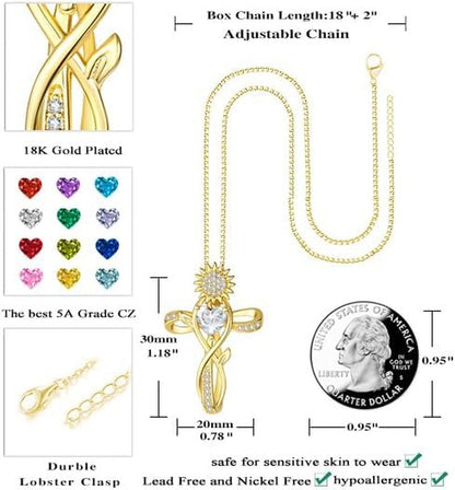 Cross Necklace for Women,18K Gold/ White Gold Plated Sunflower Cross Pendant Diamond Necklaces Christian Everyday Faith Cross Jewelry First Communion Gifts, 12-Color Birthstone Necklace for Women