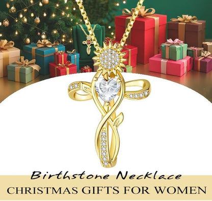 Cross Necklace for Women,18K Gold/ White Gold Plated Sunflower Cross Pendant Diamond Necklaces Christian Everyday Faith Cross Jewelry First Communion Gifts, 12-Color Birthstone Necklace for Women