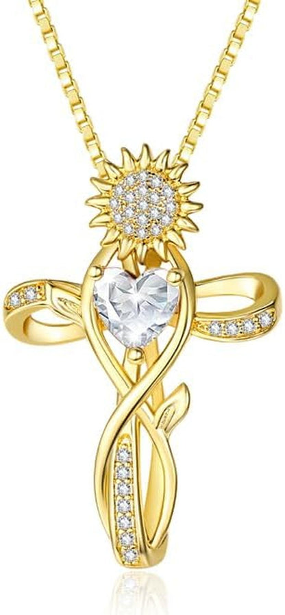Cross Necklace for Women,18K Gold/ White Gold Plated Sunflower Cross Pendant Diamond Necklaces Christian Everyday Faith Cross Jewelry First Communion Gifts, 12 - Color Birthstone Necklace for Women - WORLD TIME VISITS