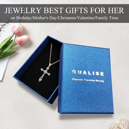 Cross Necklace for Women,925 Sterling Silver Birthstone Necklace with Diamond Faith Religious Birthstone Jewelry Birthday Holiday Gifts for Her/Wife/Mom/Girlfriend