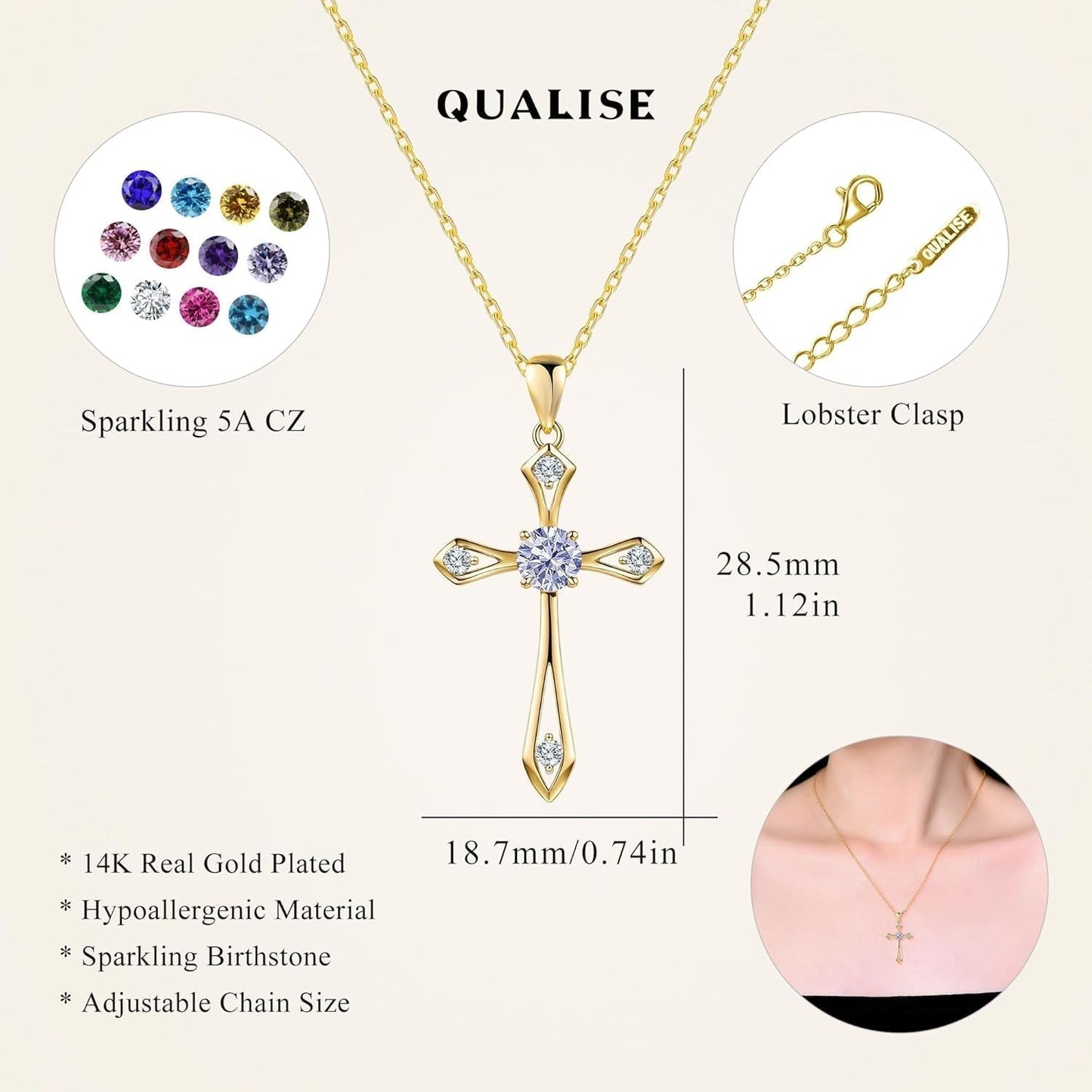 Cross Necklace for Women,925 Sterling Silver Birthstone Necklace with Diamond Faith Religious Birthstone Jewelry Birthday Holiday Gifts for Her/Wife/Mom/Girlfriend