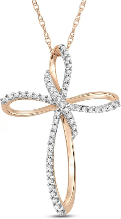 Cross Necklace Pendant with Natural White round Diamonds in 10K Rose, White or Yellow Gold, 18 Inch Rope Chain - WORLD TIME VISITS