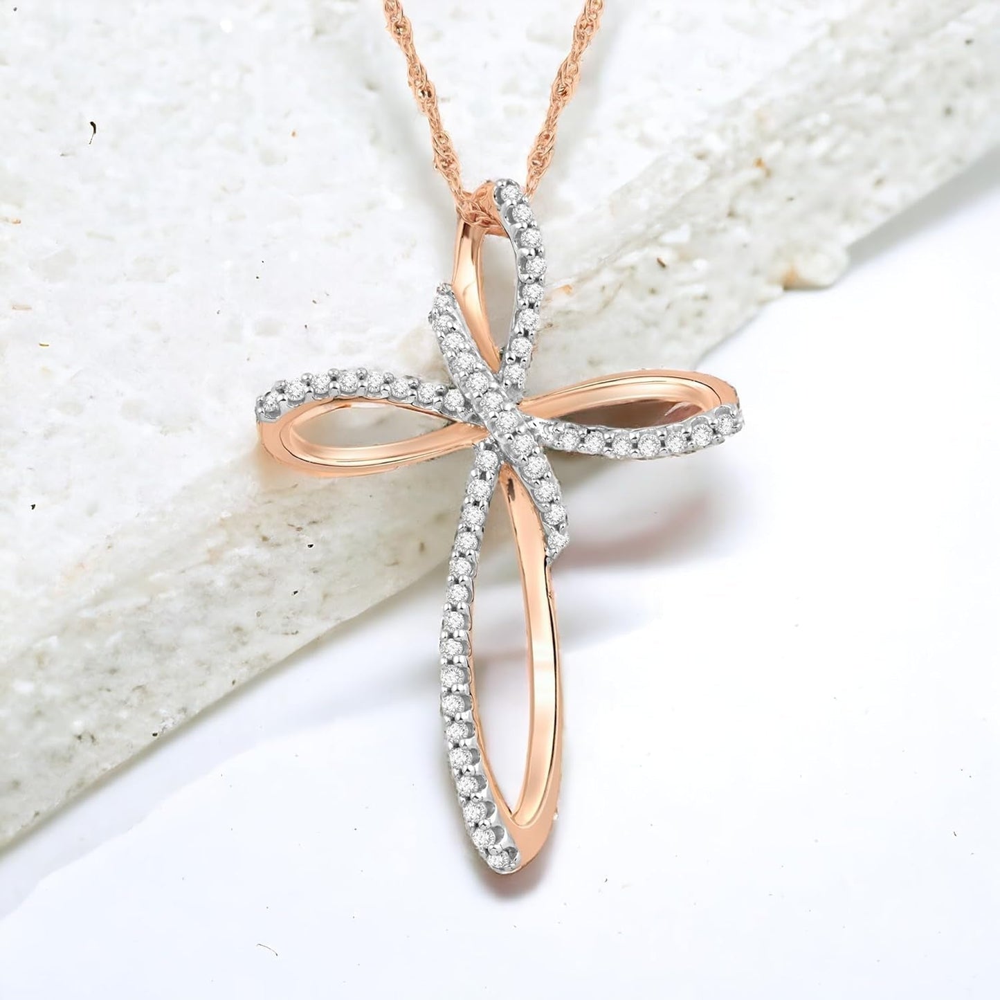Cross Necklace Pendant with Natural White round Diamonds in 10K Rose, White or Yellow Gold, 18 Inch Rope Chain