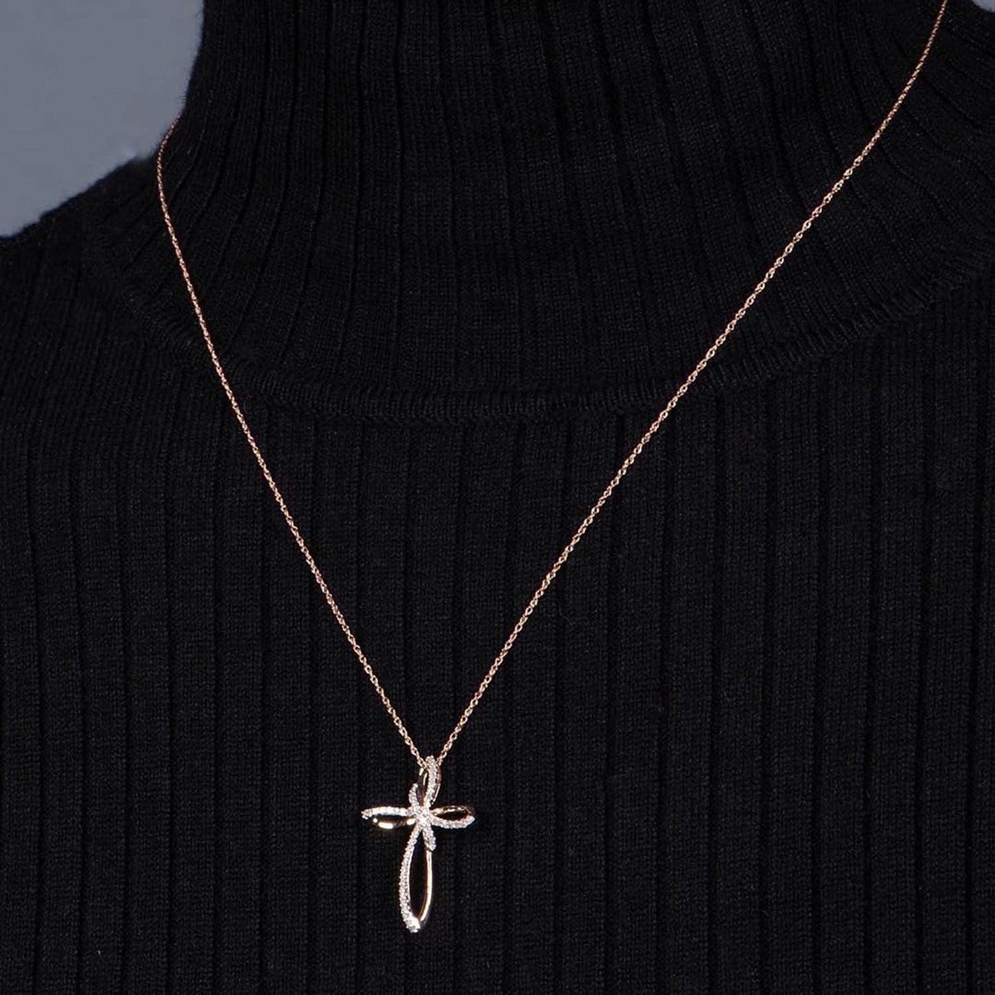 Cross Necklace Pendant with Natural White round Diamonds in 10K Rose, White or Yellow Gold, 18 Inch Rope Chain - WORLD TIME VISITS