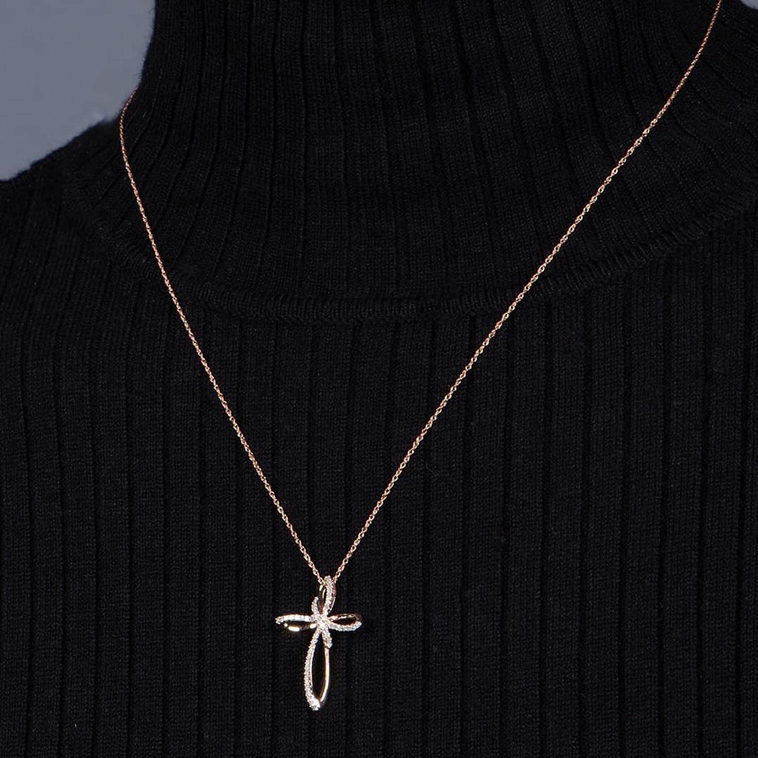 Cross Necklace Pendant with Natural White round Diamonds in 10K Rose, White or Yellow Gold, 18 Inch Rope Chain - WORLD TIME VISITS
