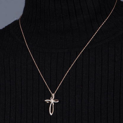 Cross Necklace Pendant with Natural White round Diamonds in 10K Rose, White or Yellow Gold, 18 Inch Rope Chain - WORLD TIME VISITS