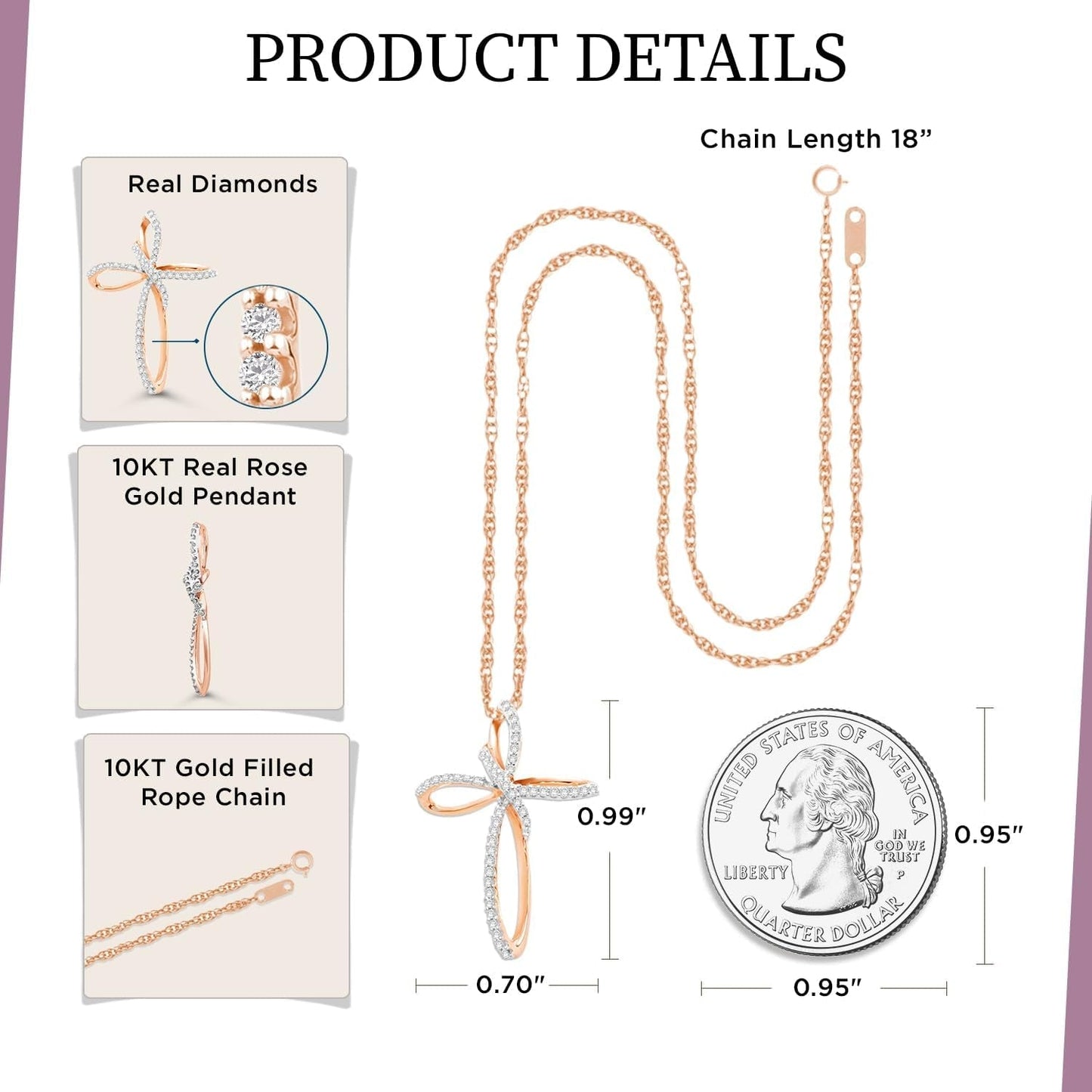 Cross Necklace Pendant with Natural White round Diamonds in 10K Rose, White or Yellow Gold, 18 Inch Rope Chain