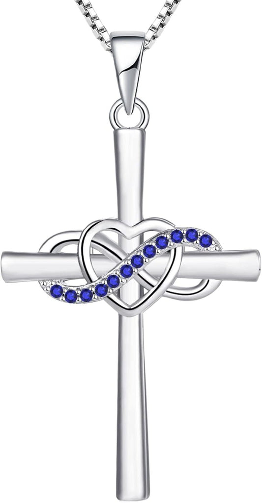 Cross Necklace Sterling Silver Infinity Heart Crucifix Pendant Birthstone Criss Jewelry for Women - WORLD TIME VISITS