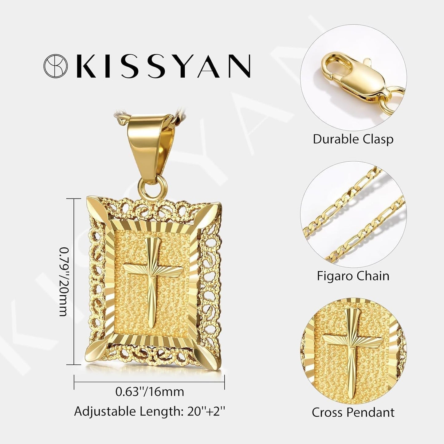 Cross Pendant Necklace for Women Men, 14K Gold and Silver Plated Square Faith Christian Figaro Chain Religious Jewelry Gift for Christian Faith, Baptism, First Communion - WORLD TIME VISITS