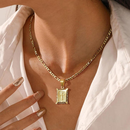 Cross Pendant Necklace for Women Men, 14K Gold and Silver Plated Square Faith Christian Figaro Chain Religious Jewelry Gift for Christian Faith, Baptism, First Communion