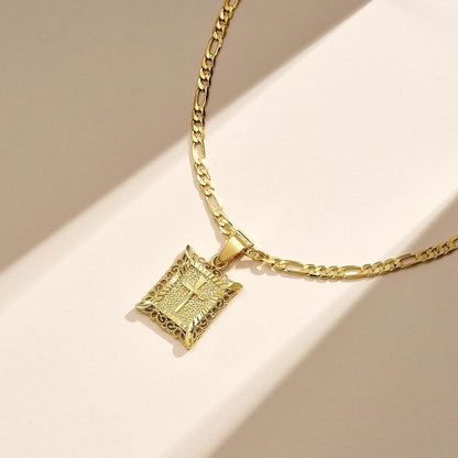 Cross Pendant Necklace for Women Men, 14K Gold and Silver Plated Square Faith Christian Figaro Chain Religious Jewelry Gift for Christian Faith, Baptism, First Communion