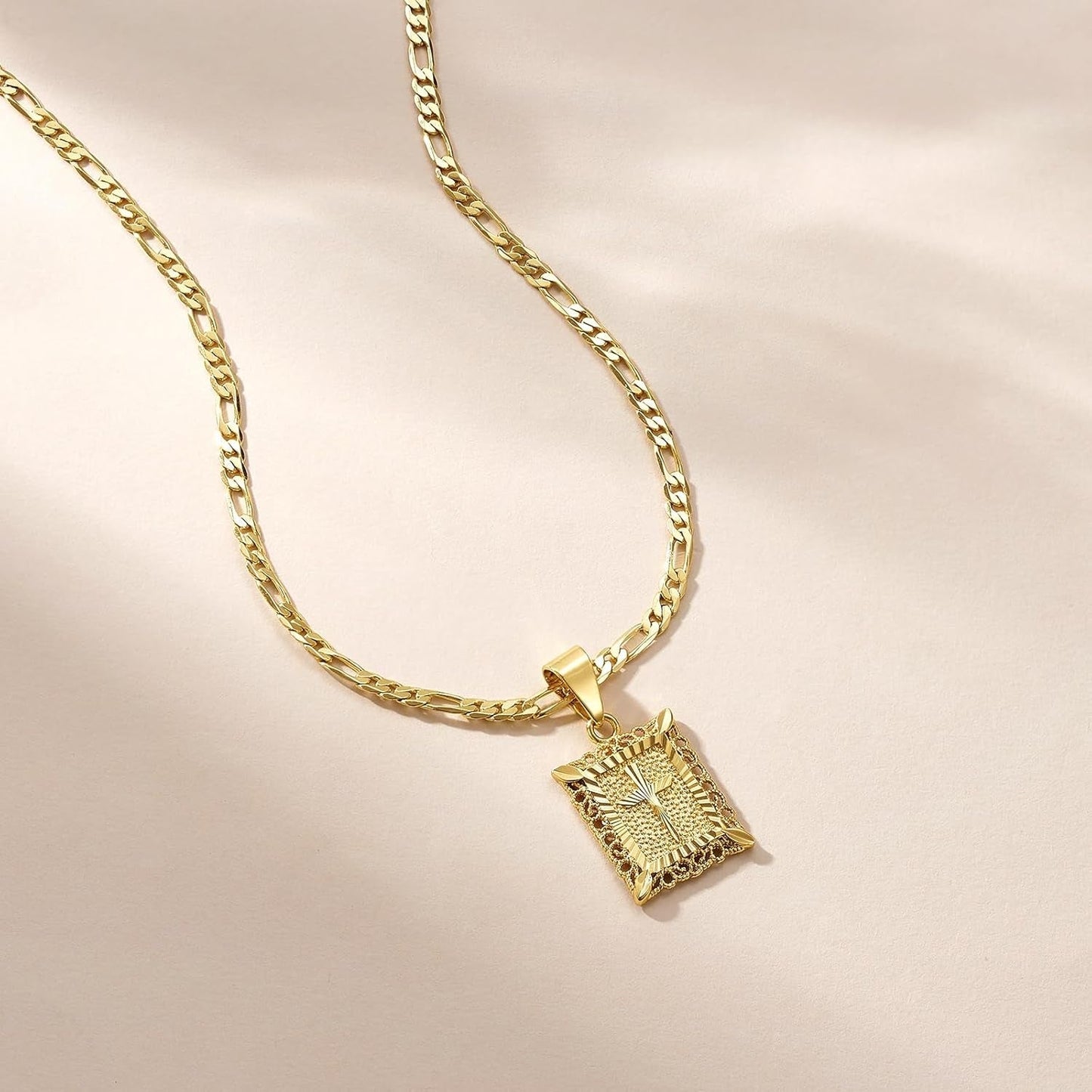 Cross Pendant Necklace for Women Men, 14K Gold and Silver Plated Square Faith Christian Figaro Chain Religious Jewelry Gift for Christian Faith, Baptism, First Communion