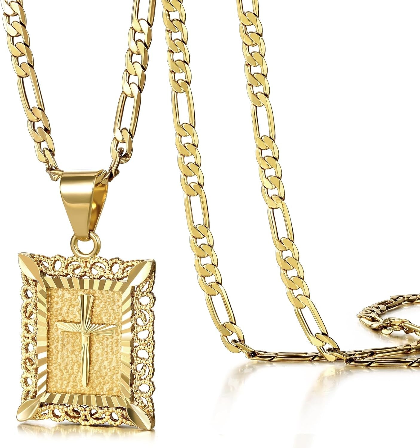 Cross Pendant Necklace for Women Men, 14K Gold and Silver Plated Square Faith Christian Figaro Chain Religious Jewelry Gift for Christian Faith, Baptism, First Communion - WORLD TIME VISITS