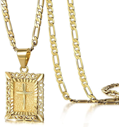 Cross Pendant Necklace for Women Men, 14K Gold and Silver Plated Square Faith Christian Figaro Chain Religious Jewelry Gift for Christian Faith, Baptism, First Communion - WORLD TIME VISITS