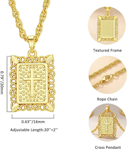 Cross Pendant Necklace for Women Men, 14K Gold/Silver Plated Square Faith Christian Figaro Chain Religious Jewelry Gift for Christian