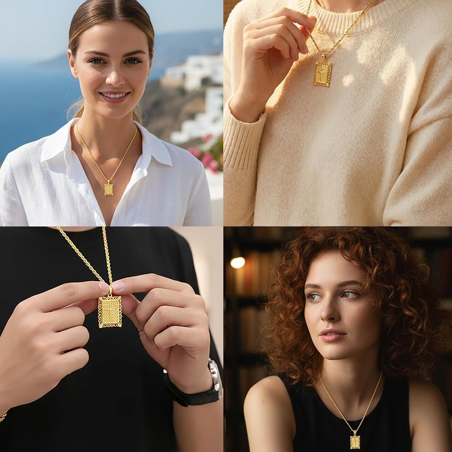 Cross Pendant Necklace for Women Men, 14K Gold/Silver Plated Square Faith Christian Figaro Chain Religious Jewelry Gift for Christian - WORLD TIME VISITS