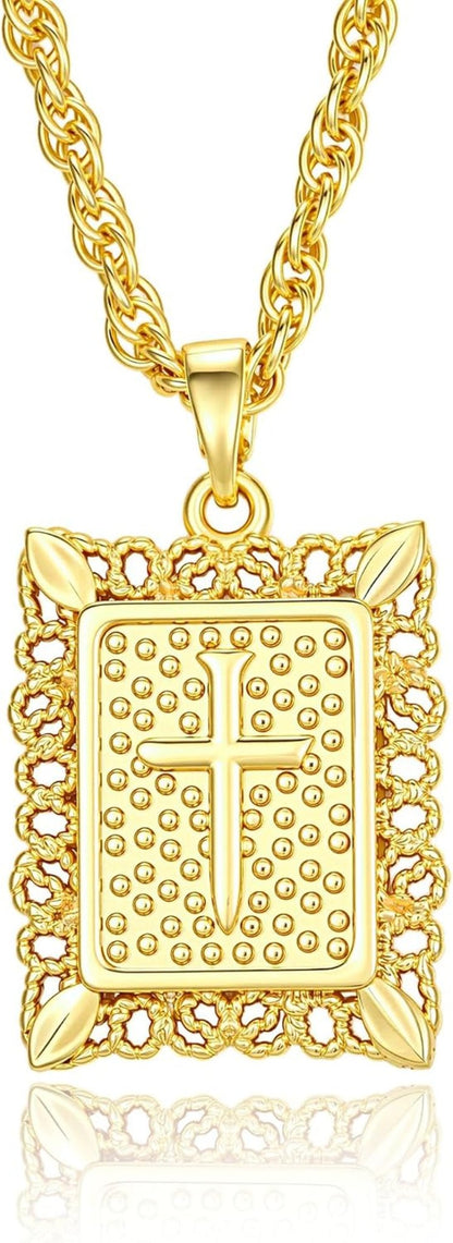 Cross Pendant Necklace for Women Men, 14K Gold/Silver Plated Square Faith Christian Figaro Chain Religious Jewelry Gift for Christian - WORLD TIME VISITS