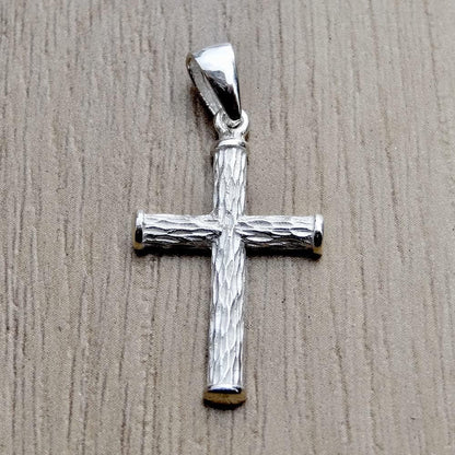 Cross Pendant Sterling Silver 925 Wood Textured Religious Unisex Jewelry