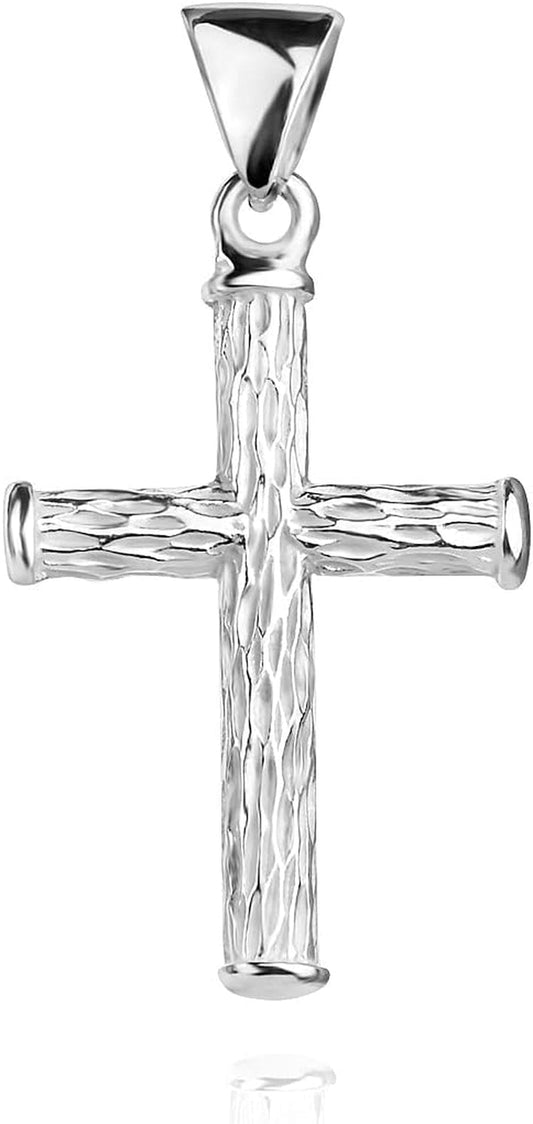 Cross Pendant Sterling Silver 925 Wood Textured Religious Unisex Jewelry - WORLD TIME VISITS