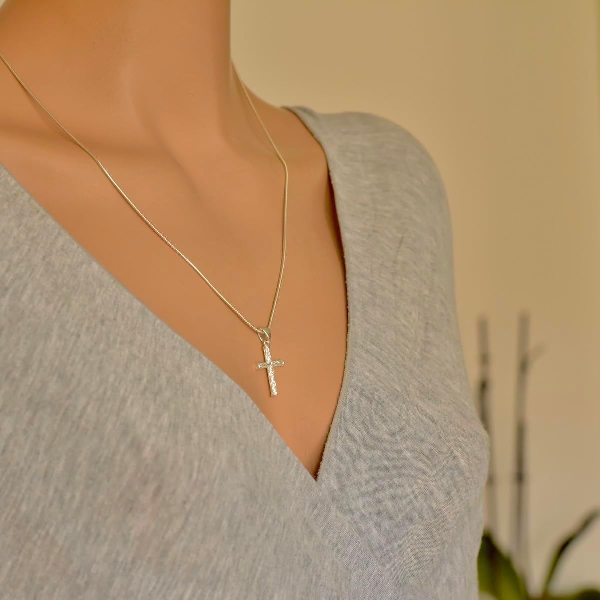 Cross Pendant Sterling Silver 925 Wood Textured Religious Unisex Jewelry