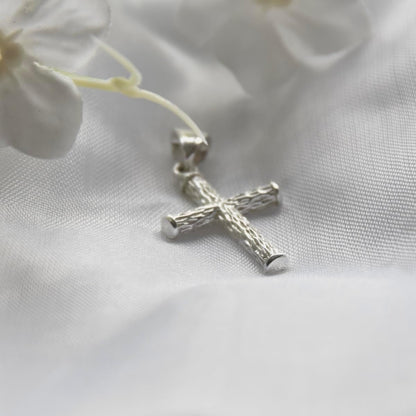 Cross Pendant Sterling Silver 925 Wood Textured Religious Unisex Jewelry - WORLD TIME VISITS