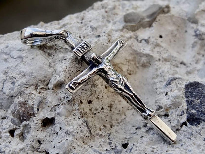Cross Sterling Silver 925 Solid Pendant INRI Crucifix Jesus Christ Religious Unisex Jewelry